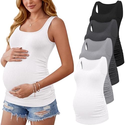 Ekouaer 4 Pack Maternity Tank Tops Ribbed Summer Pregnancy Shirts Ruch Side Tops Casual Square Neck Postpartum Clothes Black/Dark Grey/Light Grey/White M