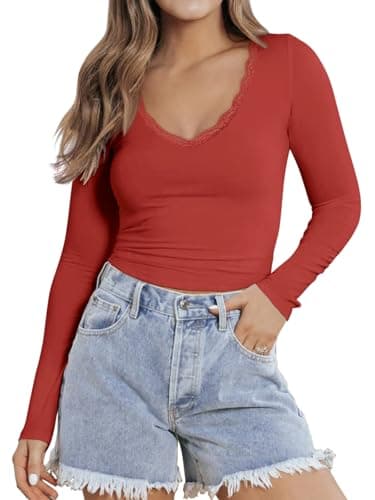 PINKMSTYLE Women Long Sleeve Shirts Double Lined Slim Fit Tops Basic Tee 2025 Fall Outfits Casual T-Shirt Underscrubs Layer Clothes Bright Red Small - Thumbnail 3