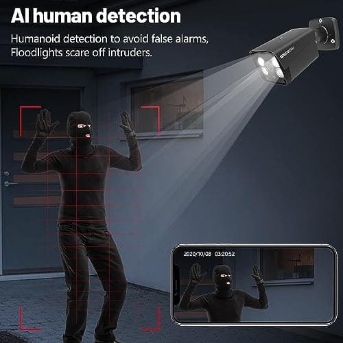 4K Security Camera System, 4pcs 2K PoE Wired Turret Cameras with Human Detection and 2 Way Talk, Color Night Vision, 8MP 4CH NVR with 1TB Hard Drive for 24/7 Local Recording, No Subscription (Black) - Thumbnail 3