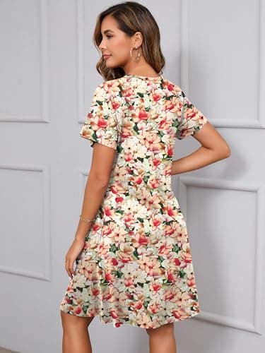 Heymoments Women Short Sleeve Dress Floral Print Medium Crew Neck Casual Flowy Cute Below Knee Sundress Comfy Shirt Teachers Summer Travel 2025 Novelty Boho Dresses with Pockets - Thumbnail 5