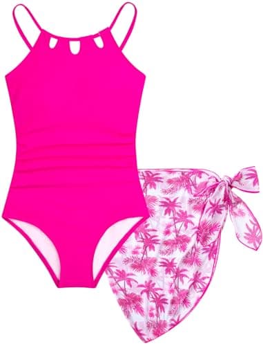 Girls Swimsuit One-Piece Bathing Suits Size 10-12 Hawaiian Trajes De Baño para Niñas Juniors Swim Cover Up Skirt Kids Hot Pink Palm Tropical Cut Out Adjustable Straps Quick Dry Modest Swimwear Set - Image 1