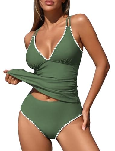 ZAFUL Women's Tankini Swimsuits V Neck Push Up Swim Top Color Block Tummy Control High Waisted Swim Bottom Cheeky Bathing Suits for Women (Olive Green XL) - Image 1