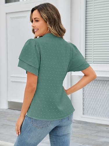 Bellcoco Boho Tops for Women Summer Short Sleeve Shirts Vneck Ruffle Flowy Blouses Dressy Casual Lace Hem Clothing(Cyan,Medium) - Thumbnail 4