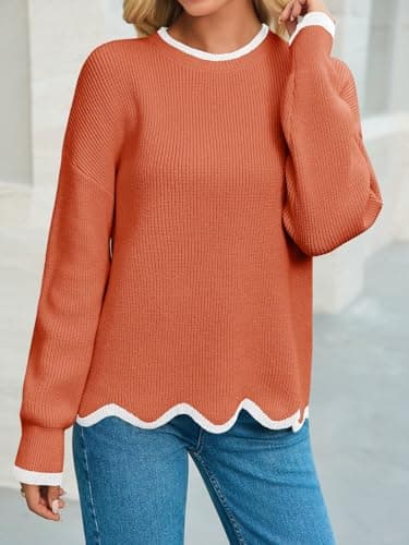 Saodimallsu Womens Burnt Orange Pullover Sweaters Crewneck KnitJumpers with Wave Hem Long Sleeve Trendy Sweater Tops - Thumbnail 2