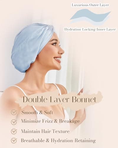 HFRHTGY Adjustable Silk Satin Hair Bonnet for Sleeping Women Hair Wrap, Double Layer Night Turban, Sleep Cap for Natural Curly Straight Unisex - Sky Blue - Thumbnail 3