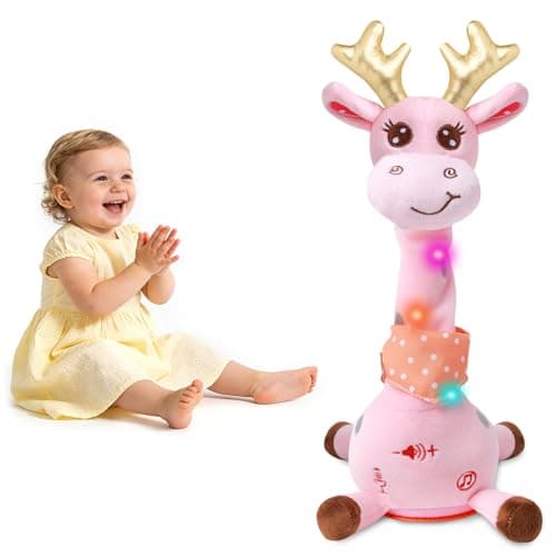 Dancing Talking Giraffe with Golden Antlers Toy, Stuffed Animal Baby Toy Repeating What You Say, Glowing Musical Electronic Giraffe with Golden Anlters Easter Gifts for Toddlers 1-3 Years Old (pink) - Image 1