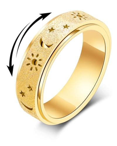 Fidget Toys Adults Anxiety Ring-Fidget Ring Women Men Stress Relief Spinner Fidget Toys Stainless Steel Band with Hollowed Sun Moon Star Sandblasted Surface 6mm Width,18K Gold/Silver Size 6-11 Unisex