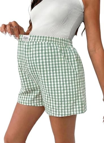 BLENCOT Women Casual Shorts for Maternity Cotton Elastic Waisted Wide Leg Plaid Checkered 2026 Fashion Grid Pregnancy Shorts Trousers Grass Green 2XL - Image 1