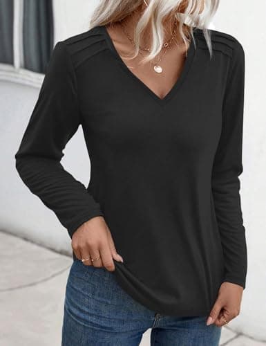 JUSTFASHIONNOW Pleated Long Sleeve Shirts for Women V Neck Dressy Casual Business Blouses Fall Tops 2025 Trendy(Black,XX-Large) - Thumbnail 2
