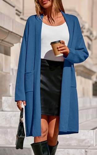 PRETTYGARDEN Women Spring Sweater Open Front Solid Color Drop Shoulder Loose Fit Knit Long Cardigans for Women Trendy (Blue Grey, Small) - Thumbnail 3