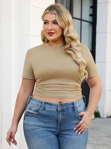 Chulianyouhuo Womens Plus Size Basic Summer Going Out Crop Tops Slim Fitted Short Sleeve Crew Neck Brown T Shirts 2026 - Thumbnail 5