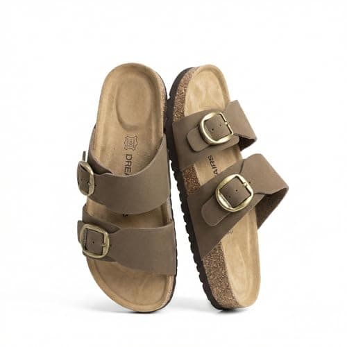 DREAM PAIRS Women's Slides Soft Genuine Footbed Sandals Comfortable Adjustable Double Buckle Slip-on Flat Sandals with Arch Support Frame Dual Slippers for Summer 2026,Size 7.5,Brown,SDSS26004W - Image 1