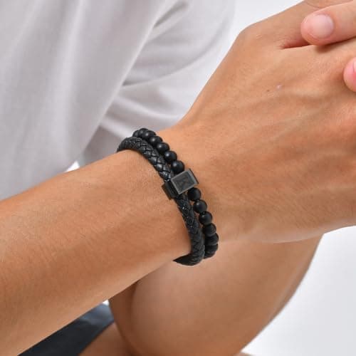 Initial Bracelet for Men Letter Handmade Natural Agate Stone Beaded Braided Black Leather Adjustable Cuff Meaningful Bracelets , Jewelry Gifts, Father's Day Gifts Matching Couple, 7.5-8.3 Inches - Thumbnail 2
