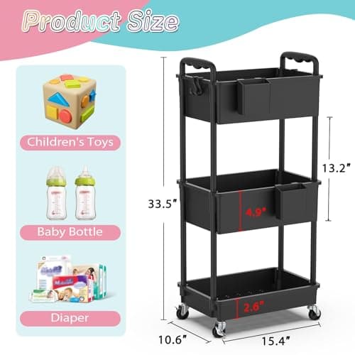 SUNALLY Baby Diaper Caddy Cart, 3 Tier Rolling Diaper Cart with Lockable Wheels for Nursery Essentials, Large Capacity & Easy Assemble Diaper Storage Organizer for Newborn,New Mom, Black - Thumbnail 2
