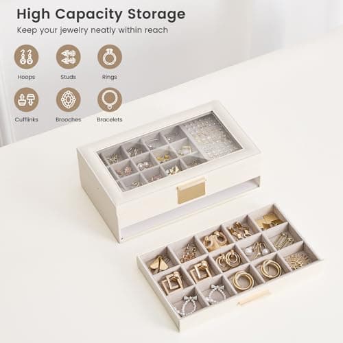Lolalet Earring Storage Box Case with Glass Top, Large Earring Jewelry Holder Organizer Display with Drawer and Grid, Gift for Girls Women -2 Tiers, Cloud White - Thumbnail 3