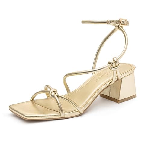 Athlefit Gold Heels Sexy Women Strappy Heels with Square Toe Low Chunky Block Heels Sandals Comfortable Summer Party Shoes for Dancing Wedding Prom Work 6.5 - Image 1