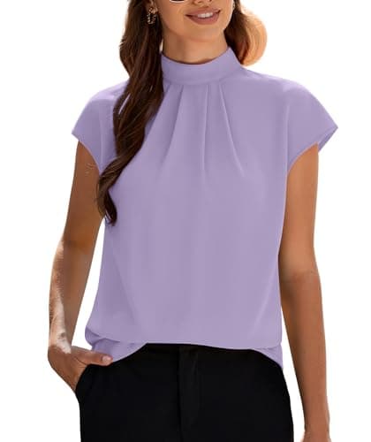 Funlingo Womens Chiffon Blouse 2025 Spring Trendy Business Casual Tunic Top Dressy Cap Sleeve Mock Neck Professional Work Dress Shirts Purple Petite XS - Image 1