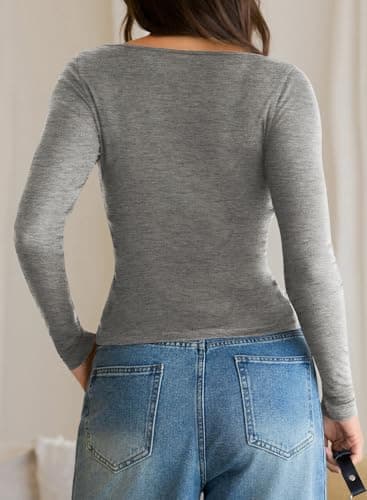 EVALESS Womens Long Sleeve Sheer Tops Wool Blend Shirts 2026 Casual Fitted Basic Tees Boat Neck See Through Tops Lightweight T Shirts Gray Large - Thumbnail 3