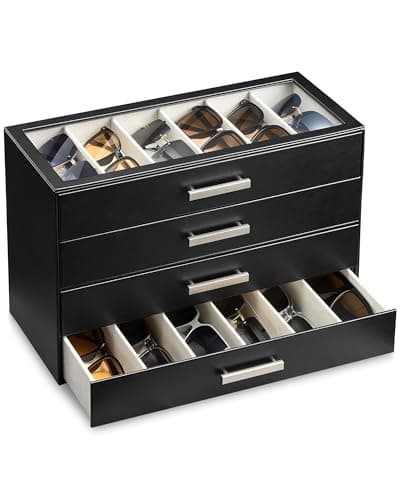 ProCase 12 Slots Sunglasses Organizer, 2-Layer Eyeglass Holder with Clear Glass Lid, PU Leather Glasses Storage Display Case for Men Women -Black - Image 1