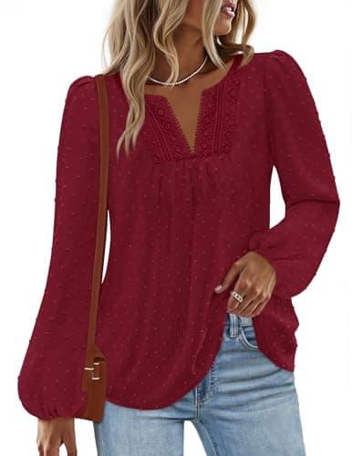MEROKEETY Women's Fall Long Sleeve Blouse Shirt 2025 Dressy Casual Crochet Lace V Neck Swiss Dot Tops, WineRed, Large - Image 1