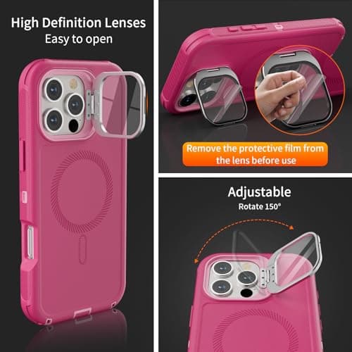 Follaroma for iPhone 16 Pro Max Case with Stand & Built-in Camera Cover, MagSafe Compatible, Heavy-Duty Shockproof Protection, Magnetic & Rugged Phone Cover for iPhone 16 Pro Max 6.9'', Hot-Pink - Thumbnail 6