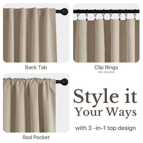 NICETOWN Scratch-Proof 100% Blackout Beige Curtains for Living Room, High-Density Linen Blend Window Treatments Rod Pocket & Back Tab Thermal Drapes for Nightshift, W52 x L84, 2 Panels - Thumbnail 3