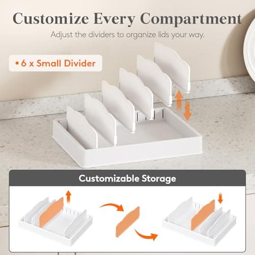 Lifewit Kitchen Cabinet Organizer for Food Contanier Lid, Lid Holder with 6 Adjustable Dividers & 7 Sections for Pantry Organizers and Storage, Home Drawer Organization, Large, 13" x 10" - Thumbnail 5
