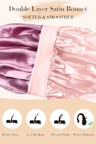 Vettres Silk Bonnet for Sleeping Straight Hair Double Layer Satin Bonnets with Tie Satin Hair Bonnet for Sleeping Pink Rose - Thumbnail 5