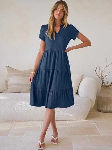 ANRABESS Womens Summer Causal Dresses V Neck Short Sleeve Midi Dress 2026 Flowy Tiered Boho Beach Sundress Vacation Outfits Blue M - Thumbnail 5