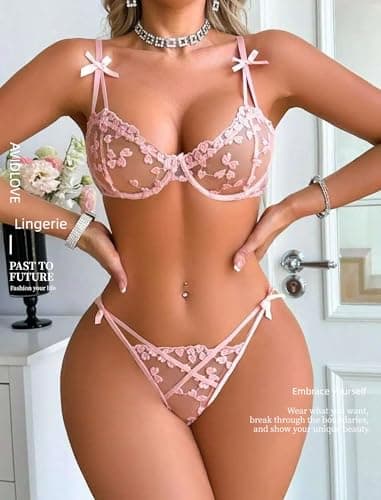 Avidlove Sexy Lingerie for Women Underwire Lingerie Set Cute Push Up Embroidered Bra and Panty Set Orange Pink XL - Thumbnail 2