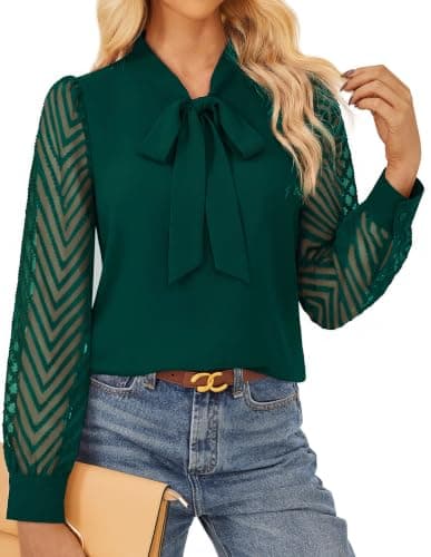 GRACE KARIN Women Bow Tie Neck Tops 2026 Fall Lace Long Sleeve Blouse Business Dressy Casual Shirt Work Office Formal Green X-Large - Image 1