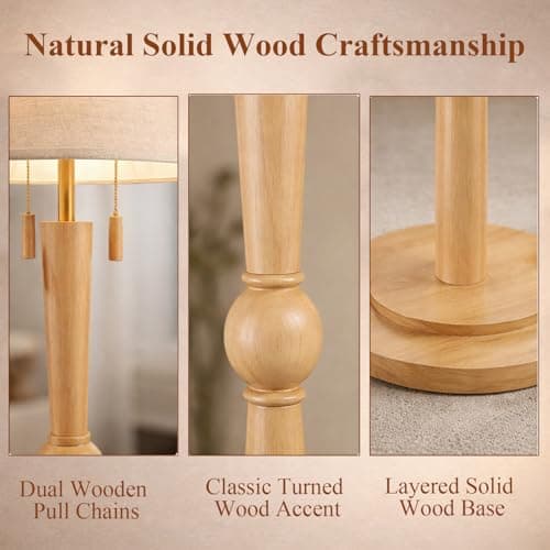 MOFFE 62.8" Solid Wood Floor Lamp,Tall Standing Floor Lamp with 2-Light Pull Chain, 17" Linen Drum Shade, Sculptural Wood Base & Stem,Transitional Floor Lamp for Living Room Bedroom, Includes 2 Bulbs - Thumbnail 3