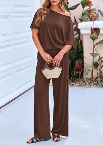 KIRUNDO Lounge Sets for Women Airport Travel Outfit 2026 Summer Off the Shoulder Tops Wide Leg Pants 2 Piece Matching Set(Brown, X-Large) - Thumbnail 5