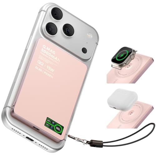 Portable Charger for Apple Watch & iPhone 17/16/15/14, 5000mAh 15W Fast Wireless Magnetic Power Bank with Built-in USB-C Cable, Ultra Slim 3-in-1 Mag-Safe Battery Pack with Smart LCD Display (Pink) - Image 1