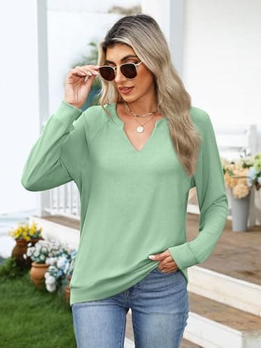GKBK Womens Sweatshirts Long Sleeve V Neck Tops Fall Winter Basic Casual Lightweight Pullover Shirt Green - Thumbnail 2