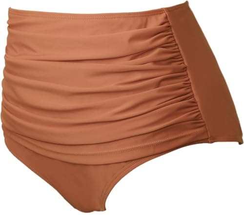 COCOPEAR Women's High Waisted Full Coverage Bikini Bottom Ruched Bathing Suit Bottoms for Women Tummy Control Swim Bottoms Light Orange L - Thumbnail 3