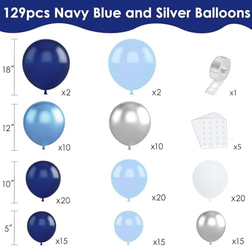 Blue Silver White Balloons Arch Kit - 129pcs Navy Light Metallic Blue Silver White Latex Balloons for Birthday Wedding Bridal Shower Graduation Fathers Day Prom Party Decorations - Thumbnail 2