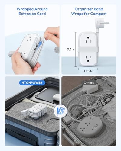 NTONPOWER European Travel Plug Adapter, Type E F Plug Adapter, Italy Travel Adapter with 4 Outlets 3 USB(1USB C) Ports, 4FT Wrapped Around Cord for Travel Spain Iceland Europe Travel Essentials - Thumbnail 4