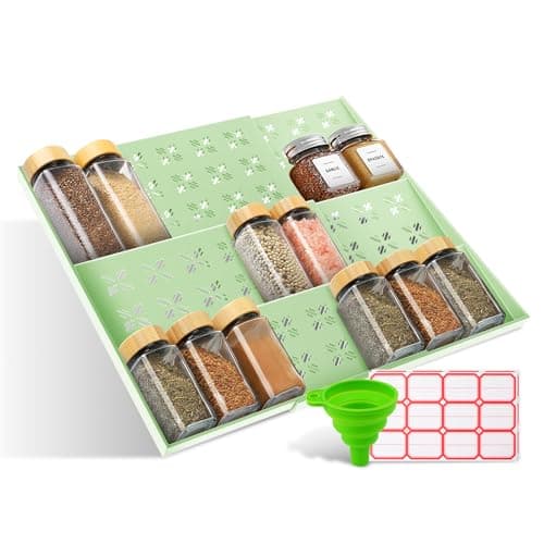 Expandable Spice Drawer Organizer (11"-22"), 3-Tier Slanted Kitchen Cabinet Rack with Labels & Funnel, Adjustable for Standard & Tall Bottles, Versatile for Bathroom & Office – Jars Not Included