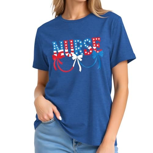 4th of July Nurse Shirts Women-Cute Nurse Bow Short Sleeve Patriotic Bow Tee Tops A-Blue - Thumbnail 3