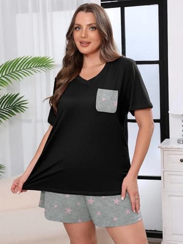 AusLook Plus Size Pajama Set for Women 2 Piece V Neck Short Sleeve Loungewear 4X Set with Pajama Printed Shorts Summer Sleepwear Loose Fit 1X-5X - Thumbnail 2