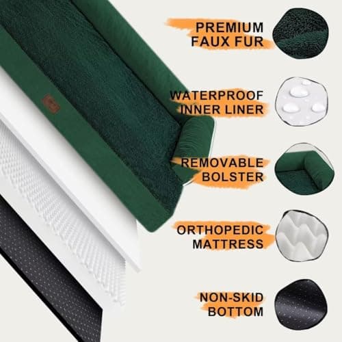 Large Dog Bed Orthopedic Washable - Waterproof Removable Cover - Medium XLarge Big Dogs - Egg Foam Couch - Emerald Dog Beds Bolster with Sides - Thumbnail 5