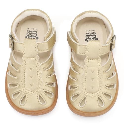 WIDE TOE BOX Toddler Girl Sandals, Wide Mary Jane Barefoot Dress Shoes, Petal Cut-out Flower Girl Wedding Shoe, Sparkly Birthday Party Princess Flats Gold Toddler Size 8 - Image 1