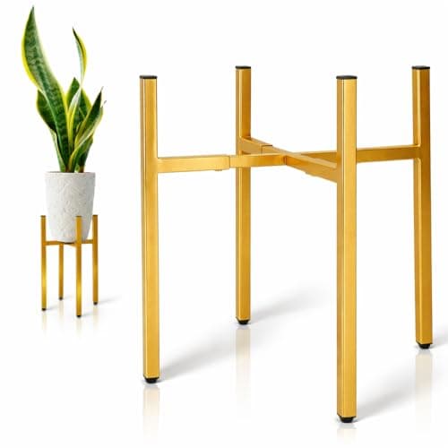 RAINBLELAND Gold Metal Plant Stand for Indoor Plants, Adjustable Heavy Duty Plant Stand Fits 8-14 Inch Pots, Modern Brass Flower Pot Holder with Anti-Scratch Feet, Mid Century Indoor Plant Stand - Image 1