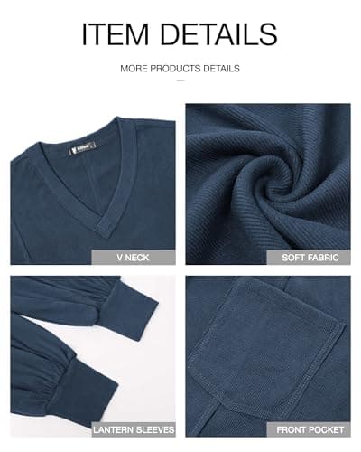 BTFBM Womens Fall Fashion 2026 Long Sleeve Shirts Casual V Neck Ribbed Knit Blouses Pullover Trendy Loose Fit Tunic Tops(Solid Light Grey Blue, Small) - Thumbnail 6