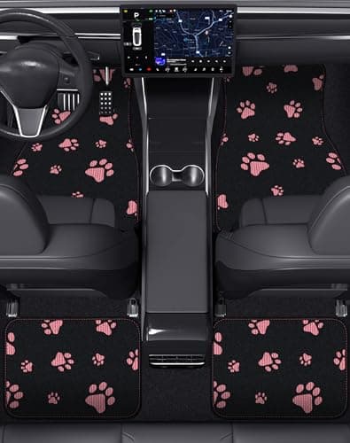 OEMATS Cute Embroidered Dog Paw Car Floor Mats for Pet Lovers, Universal Fit All Weather Car Mats with Anti-Slip Nibbs Backing, Carpet Floor Mats for Cars, Trucks & Sedans, Full Set of 4 (Pink Paw) - Thumbnail 4