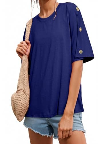 Dokotoo Womens Tops Dressy Casual Short Sleeve Blouses for Women Round Neck Oversized Tee Shirts Fashion Spring Summer Tops for Women 2026 Navy Blue Tops Medium - Image 1