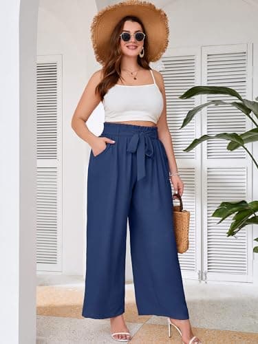 AusLook Women's Plus Size Wide Leg Pants with Pockets Dark Blue 3X Lightweight High Waisted Tie Knot Paperbag Dressy Palazzo Loose Paper Bag Comfy Business Casual Work Flowy Dress Ladies' Trousers - Thumbnail 3
