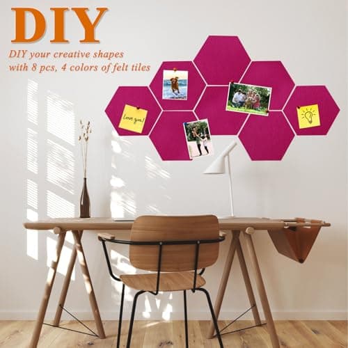 HULAVO 8 Pcs Hexagon Felt Cork Bulletin Board Tiles, Self Adhesive DIY Bulletin Board Pin Board for Office School Home Wall Decor Memos Photos Display(Rose Red) - Thumbnail 3