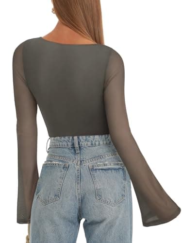 REORIA Women’s Fashion Sexy Boat Neck Classy Bell Sleeve Double Lined Sheer Mesh Cute Night Out Bodysuit Tops For Party Grey Green X-Large - Thumbnail 4